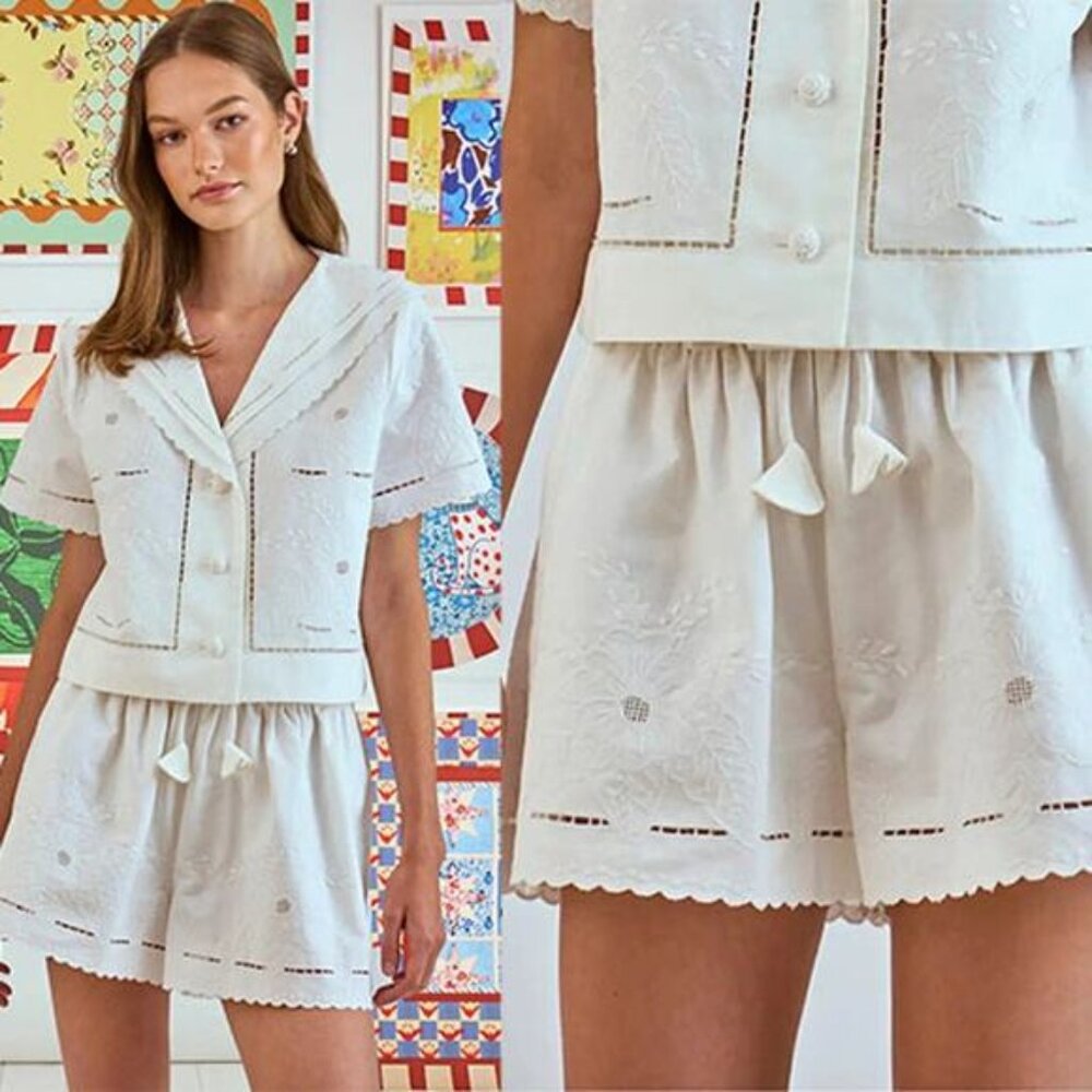 NWT Hunter Embroidery Bell Fern Floral Belt-Loops Self Belt Short White Size: 6